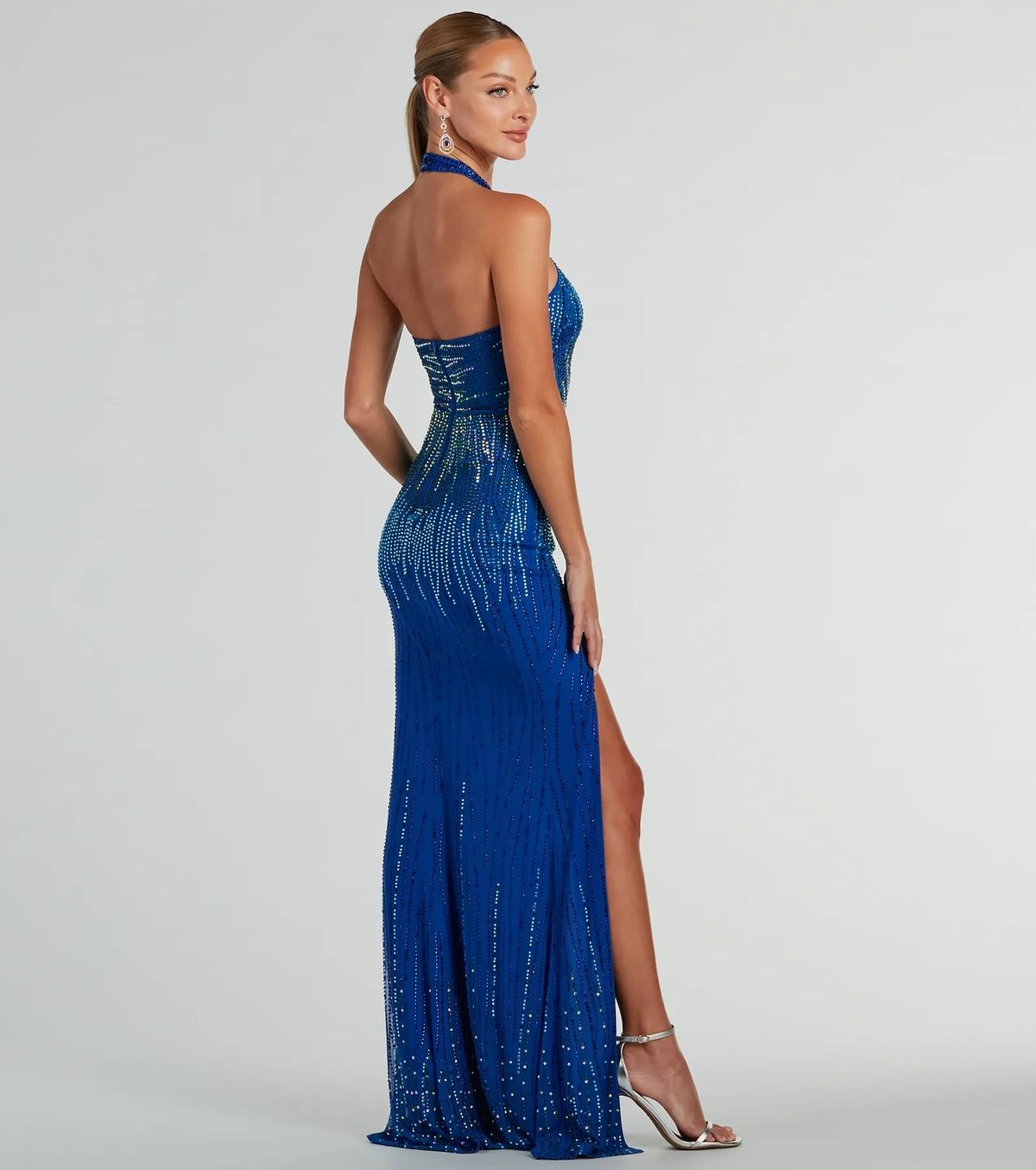Style 05002-8110 Windsor Size S Prom Halter Sheer Blue Side Slit Dress on Queenly