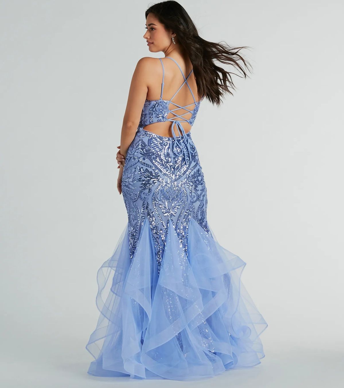 Style 05002-8223 Windsor Size S Prom Sheer Blue Mermaid Dress on Queenly