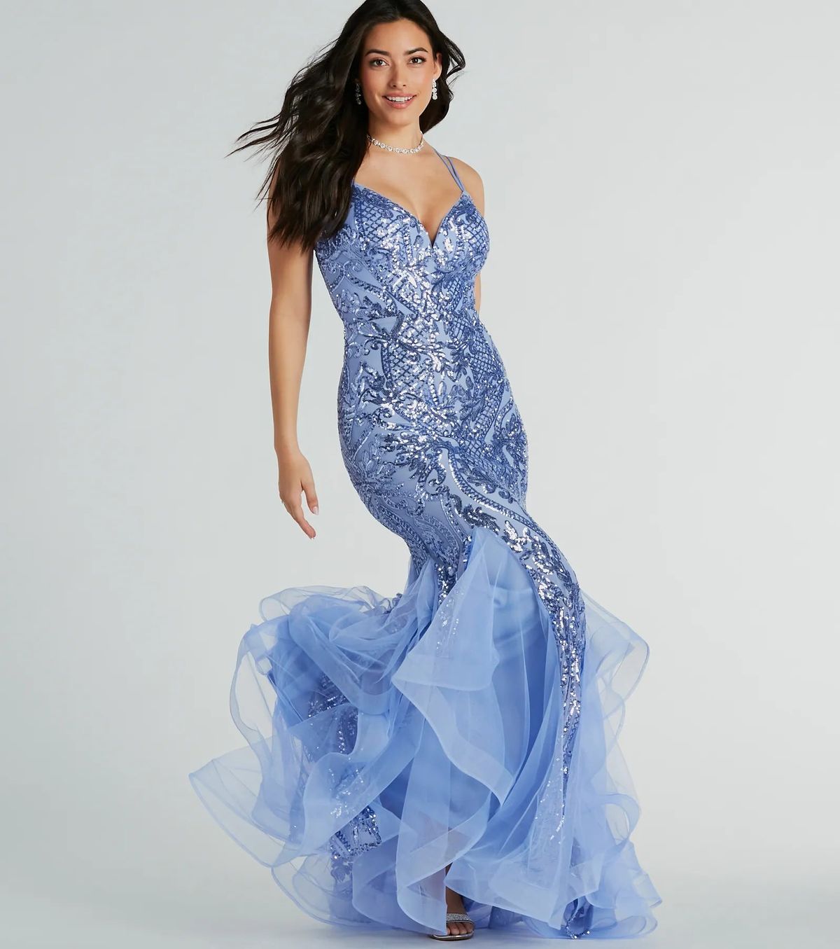 Style 05002-8223 Windsor Size M Prom Sheer Blue Mermaid Dress on Queenly