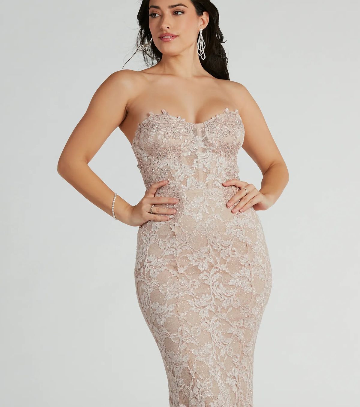 Style 05002-8093 Windsor Size 2 Bridesmaid Strapless Lace Nude Mermaid Dress on Queenly