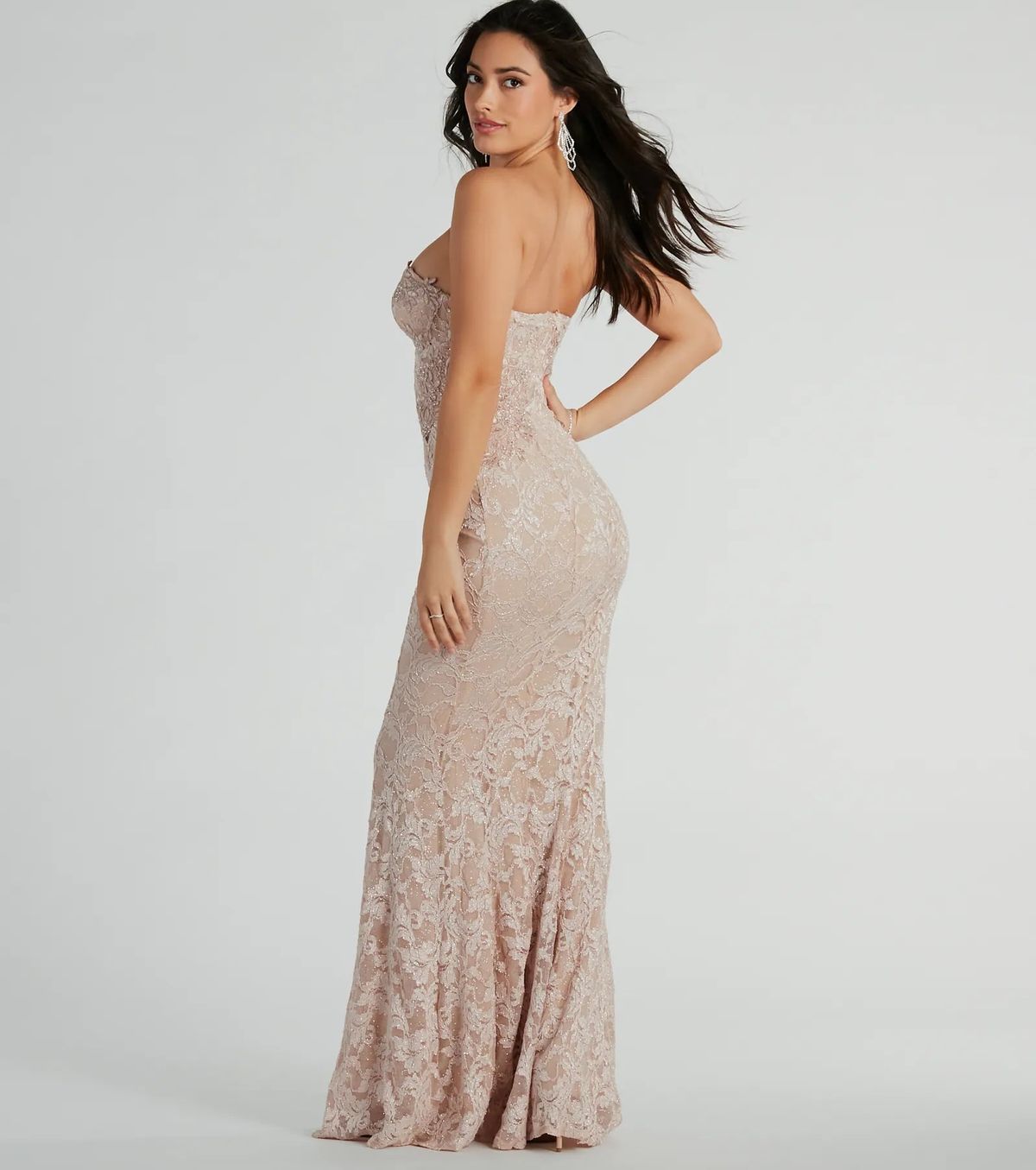 Style 05002-8093 Windsor Size 4 Bridesmaid Strapless Lace Nude Mermaid Dress on Queenly