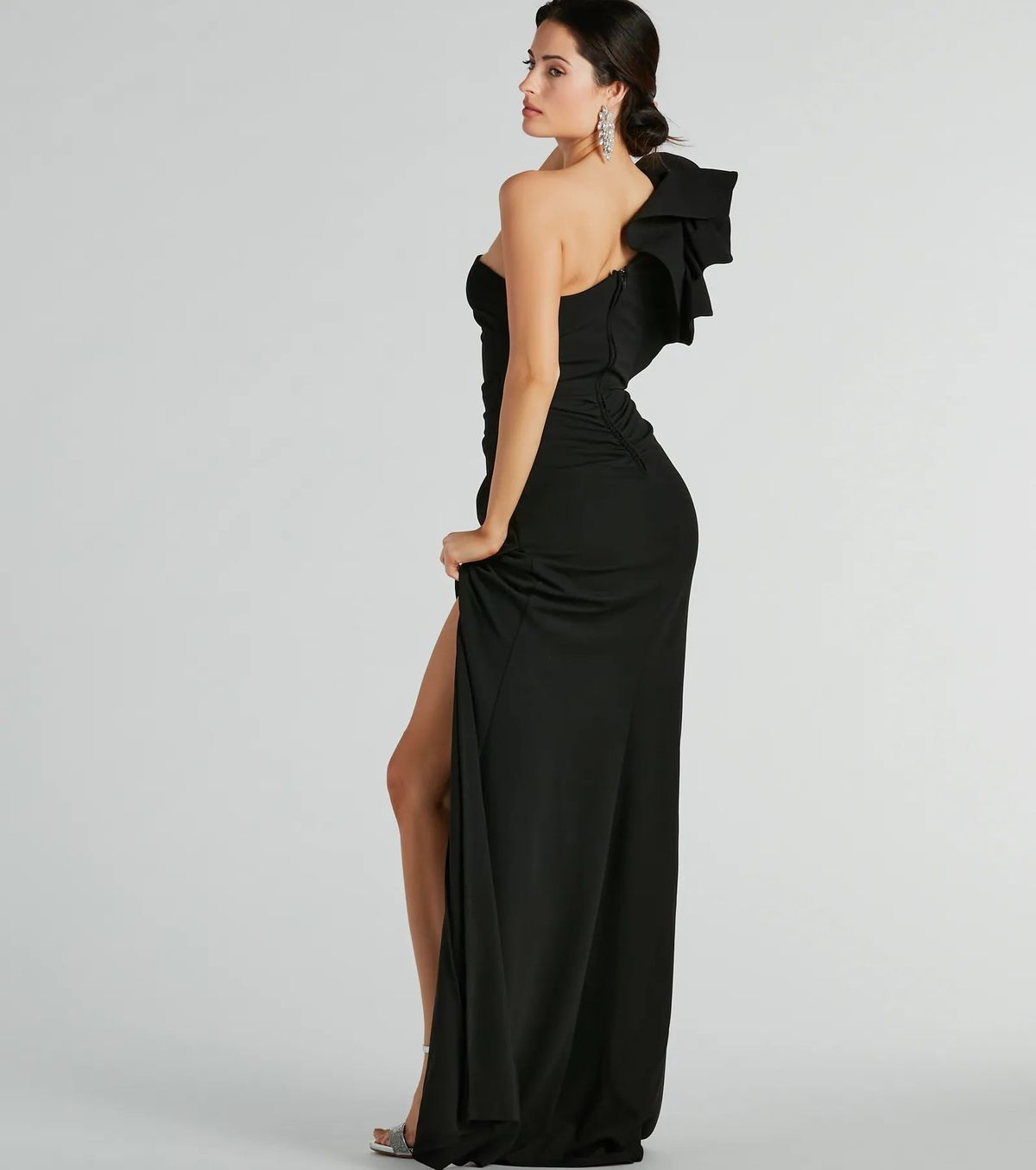 Style 05002-8213 Windsor Size XS Bridesmaid One Shoulder Black Side Slit Dress on Queenly
