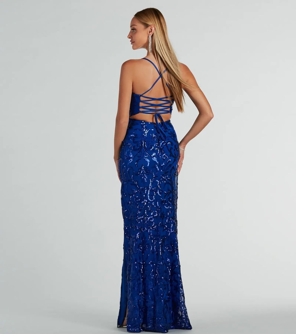 Style 05002-8053 Windsor Size L Prom Sheer Blue Side Slit Dress on Queenly