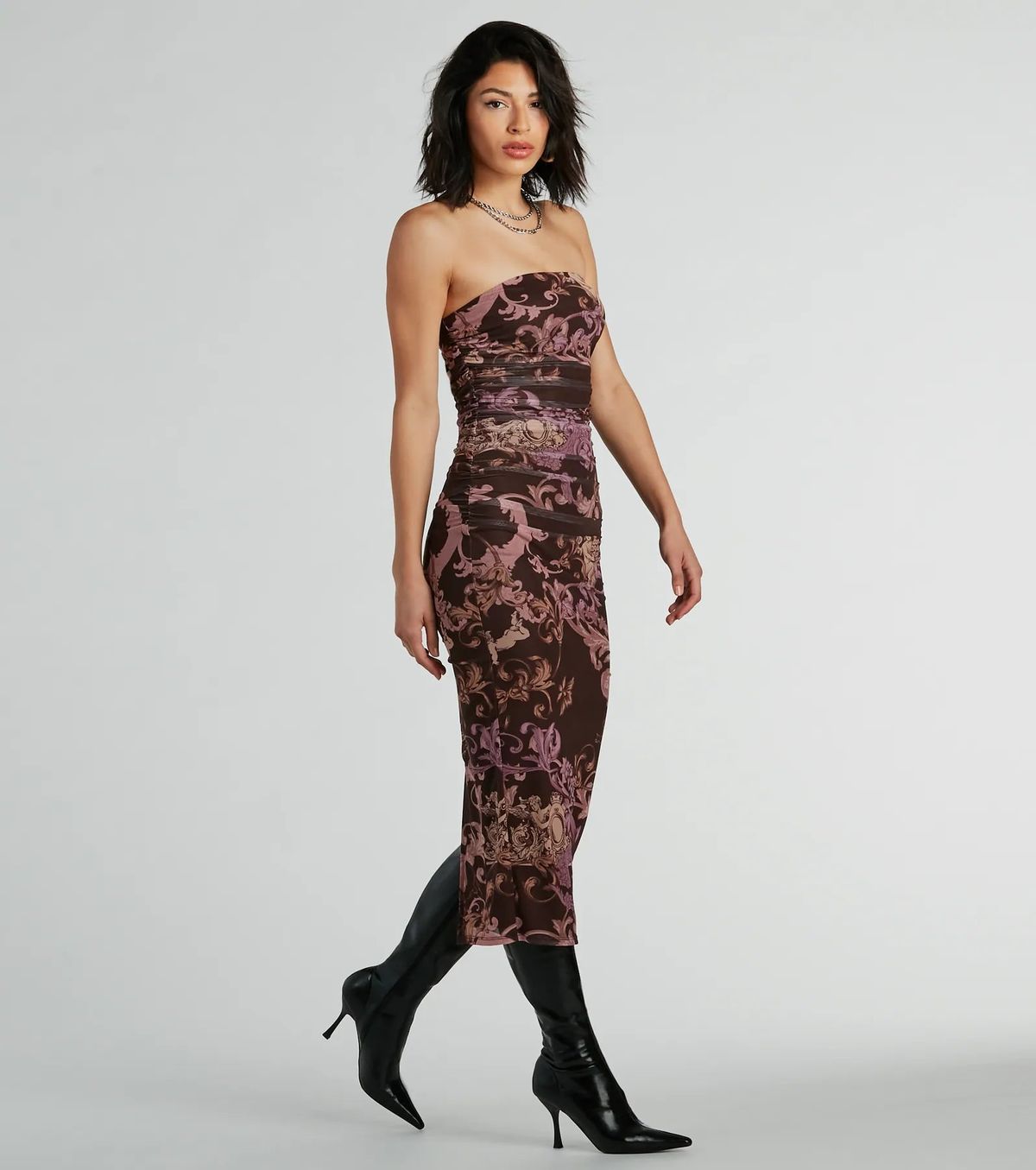 Style 05101-3051 Windsor Size XS Wedding Guest Strapless Sheer Brown Side Slit Dress on Queenly