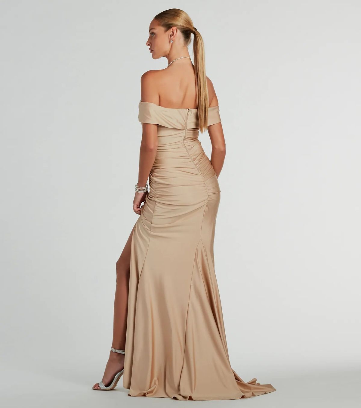 Style 05002-8031 Windsor Size M Bridesmaid Off The Shoulder Gold Side Slit Dress on Queenly
