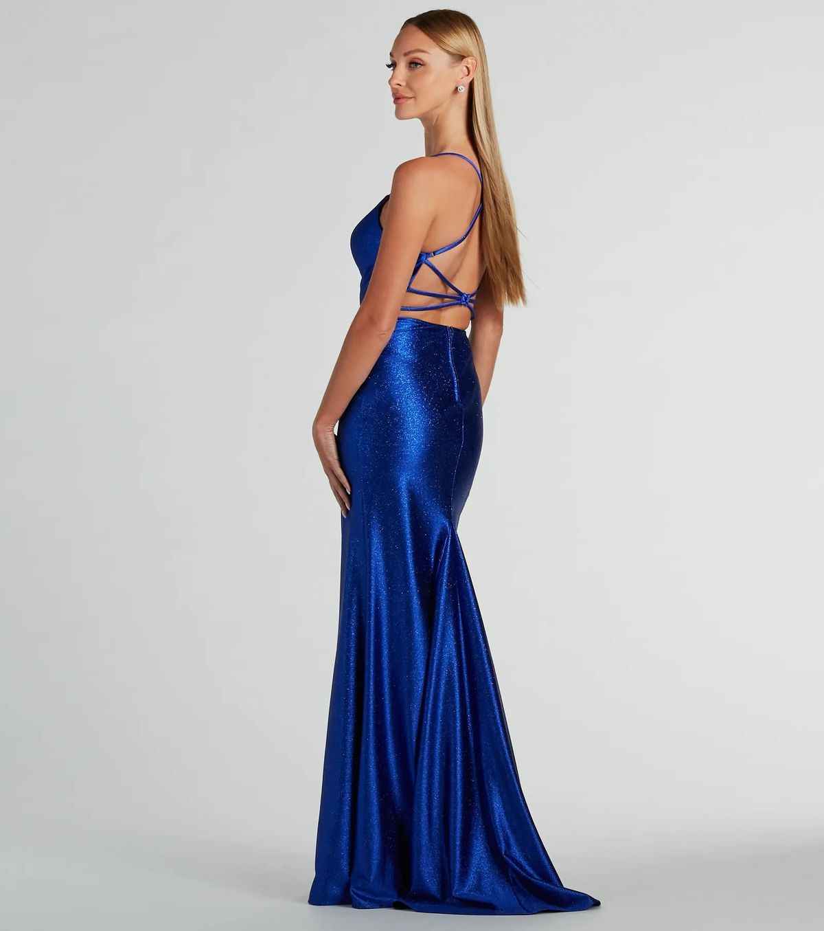 Style 05002-8051 Windsor Size S Bridesmaid Plunge Sheer Blue Side Slit Dress on Queenly
