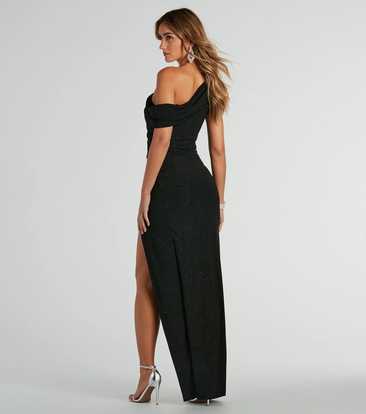 Style 05002-8214 Windsor Size M Bridesmaid One Shoulder Black Side Slit Dress on Queenly