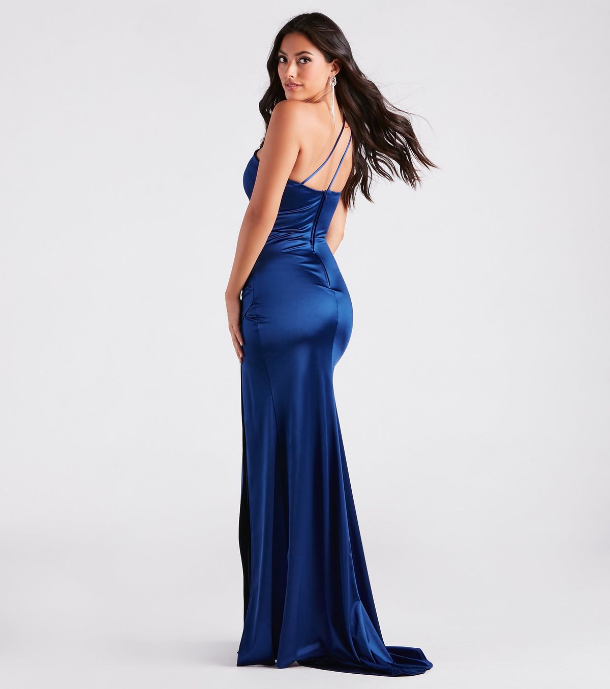 Style 05002-6940 Windsor Size L Bridesmaid One Shoulder Blue Side Slit Dress on Queenly