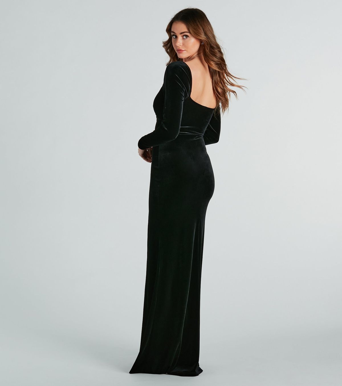 Style 05002-7692 Windsor Size XS Bridesmaid Long Sleeve Velvet Black Side Slit Dress on Queenly