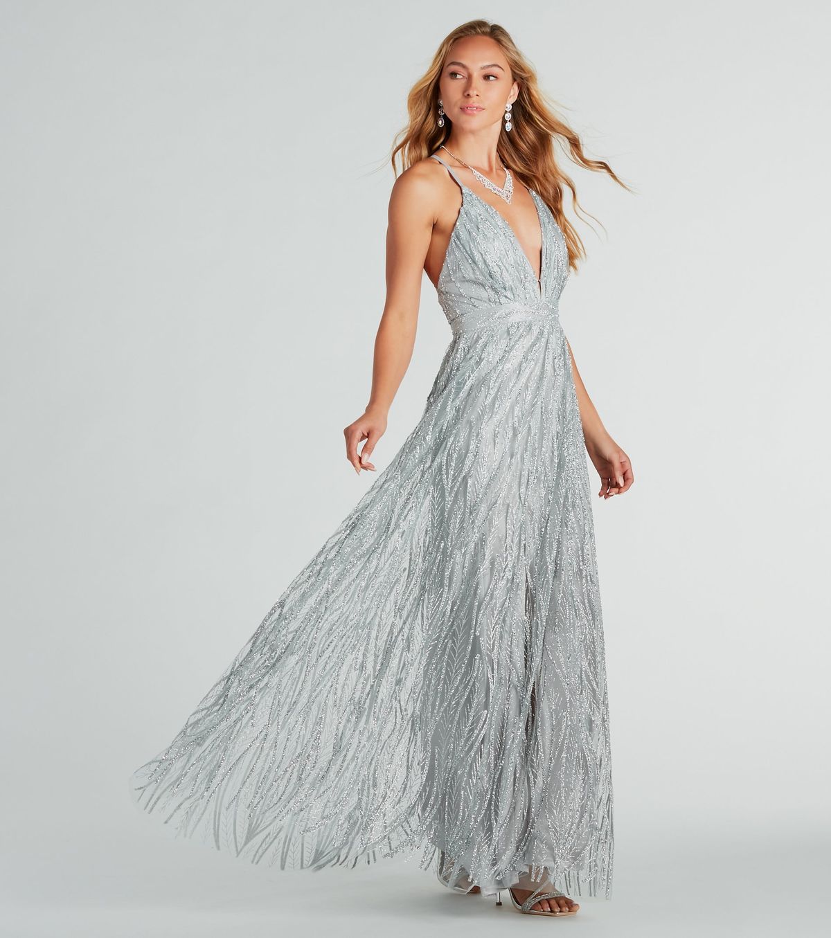 Style 05002-8002 Windsor Size S Bridesmaid Plunge Sheer Silver Side Slit Dress on Queenly