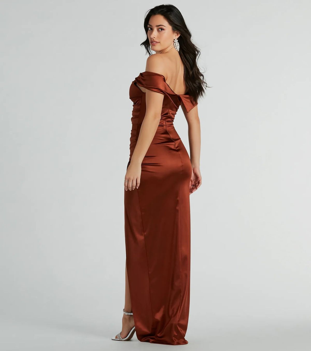 Style 05002-8316 Windsor Size XS Bridesmaid Off The Shoulder Satin Brown Side Slit Dress on Queenly