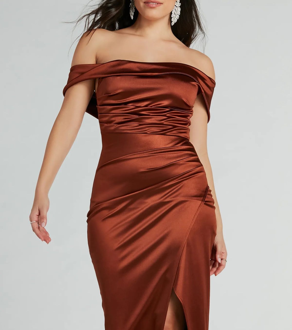 Style 05002-8316 Windsor Size XS Bridesmaid Off The Shoulder Satin Brown Side Slit Dress on Queenly