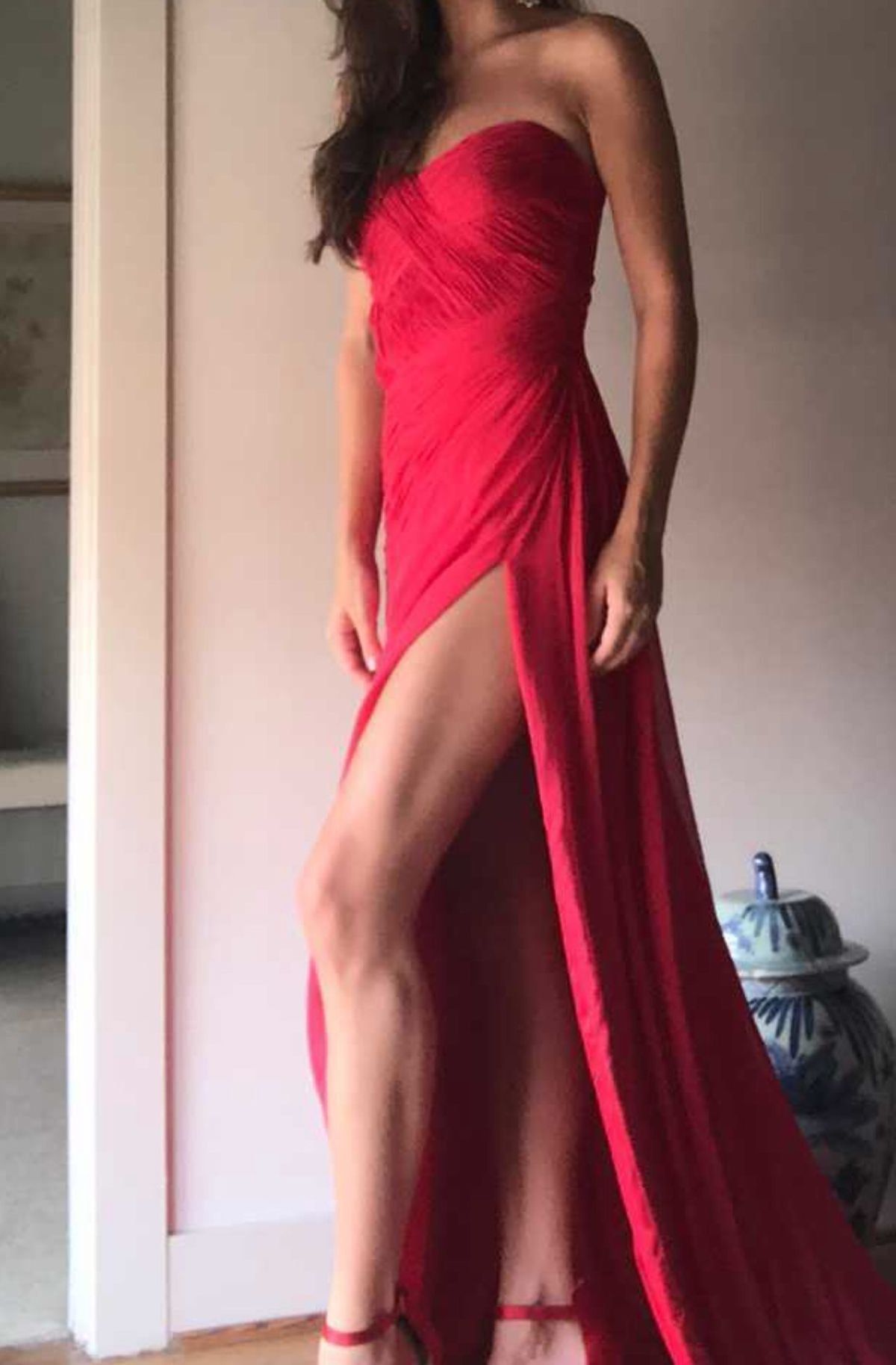 Jovani Size 2 Pageant Strapless Red Side Slit Dress on Queenly
