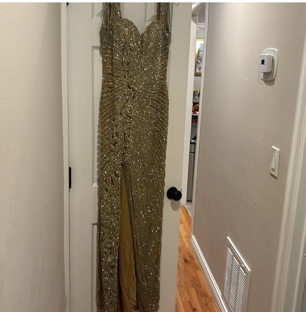 Portia and Scarlett Size 10 Prom Plunge Gold A-line Dress on Queenly
