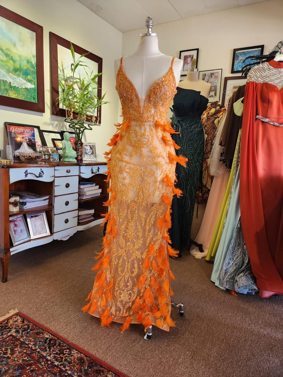 Sharp Fabrics Size 2 Pageant Plunge Orange Side Slit Dress on Queenly