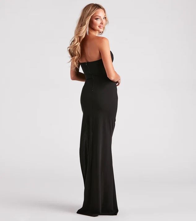 Windsor Size L Prom Strapless Black Side Slit Dress on Queenly