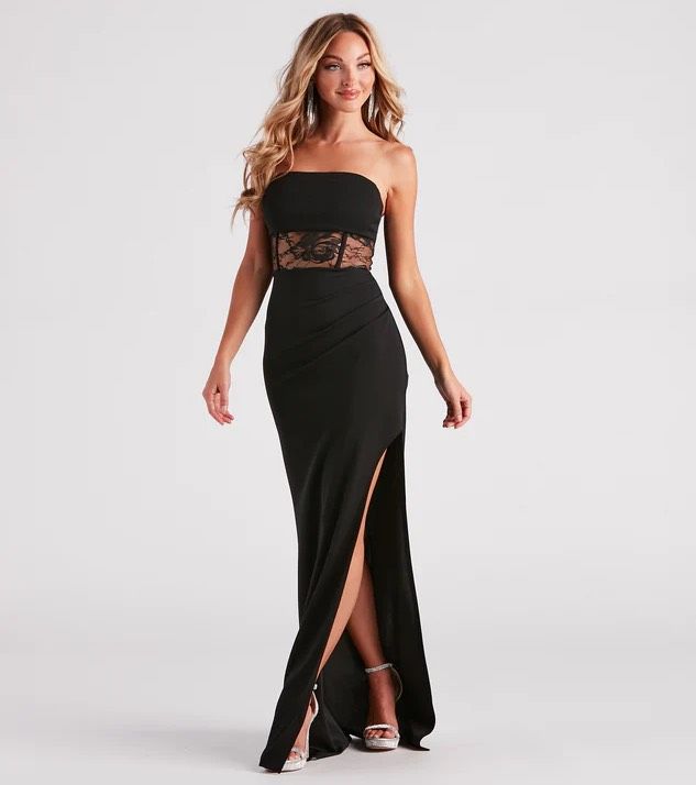 Windsor Size L Prom Strapless Black Side Slit Dress on Queenly