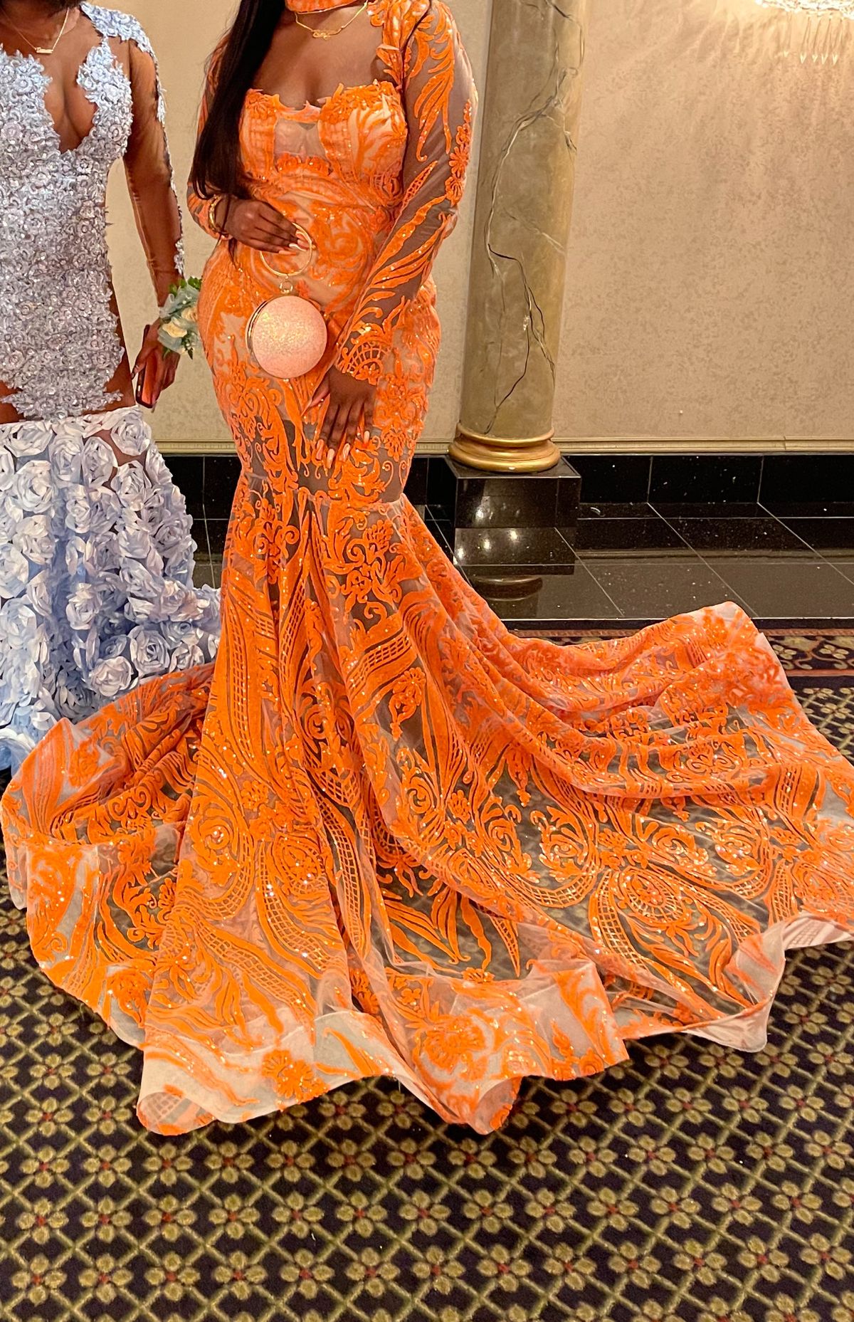 Size 8 Prom Long Sleeve Orange Dress With Train on Queenly