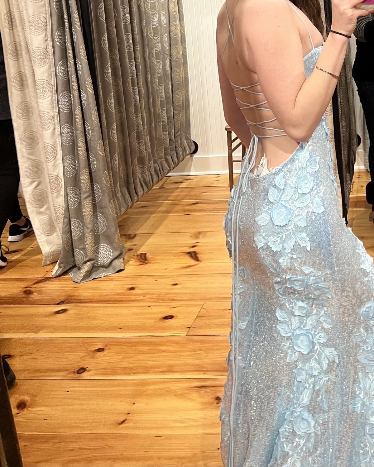 Jovani Size 2 Prom Plunge Blue Side Slit Dress on Queenly
