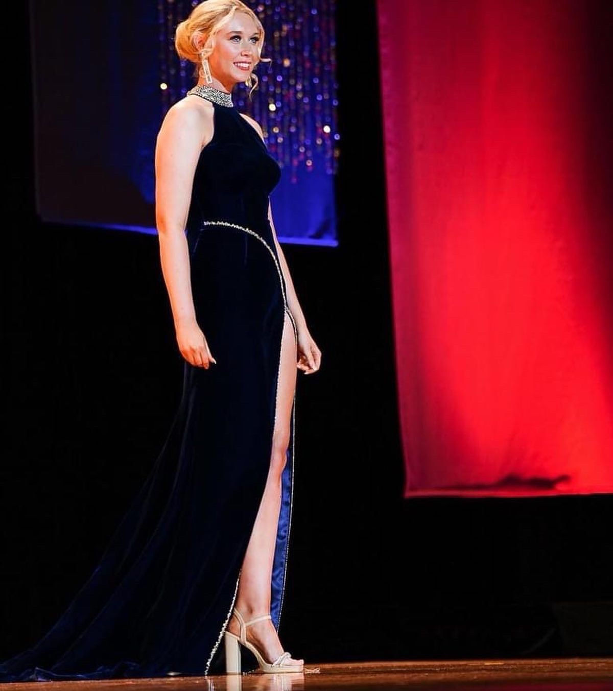 Style Couture Sherri Hill Size 4 Prom High Neck Sequined Navy Blue Side Slit Dress on Queenly