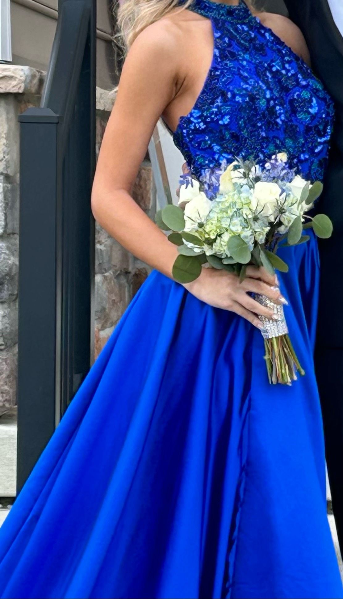 Size 00 Prom High Neck Satin Blue Formal Jumpsuit on Queenly