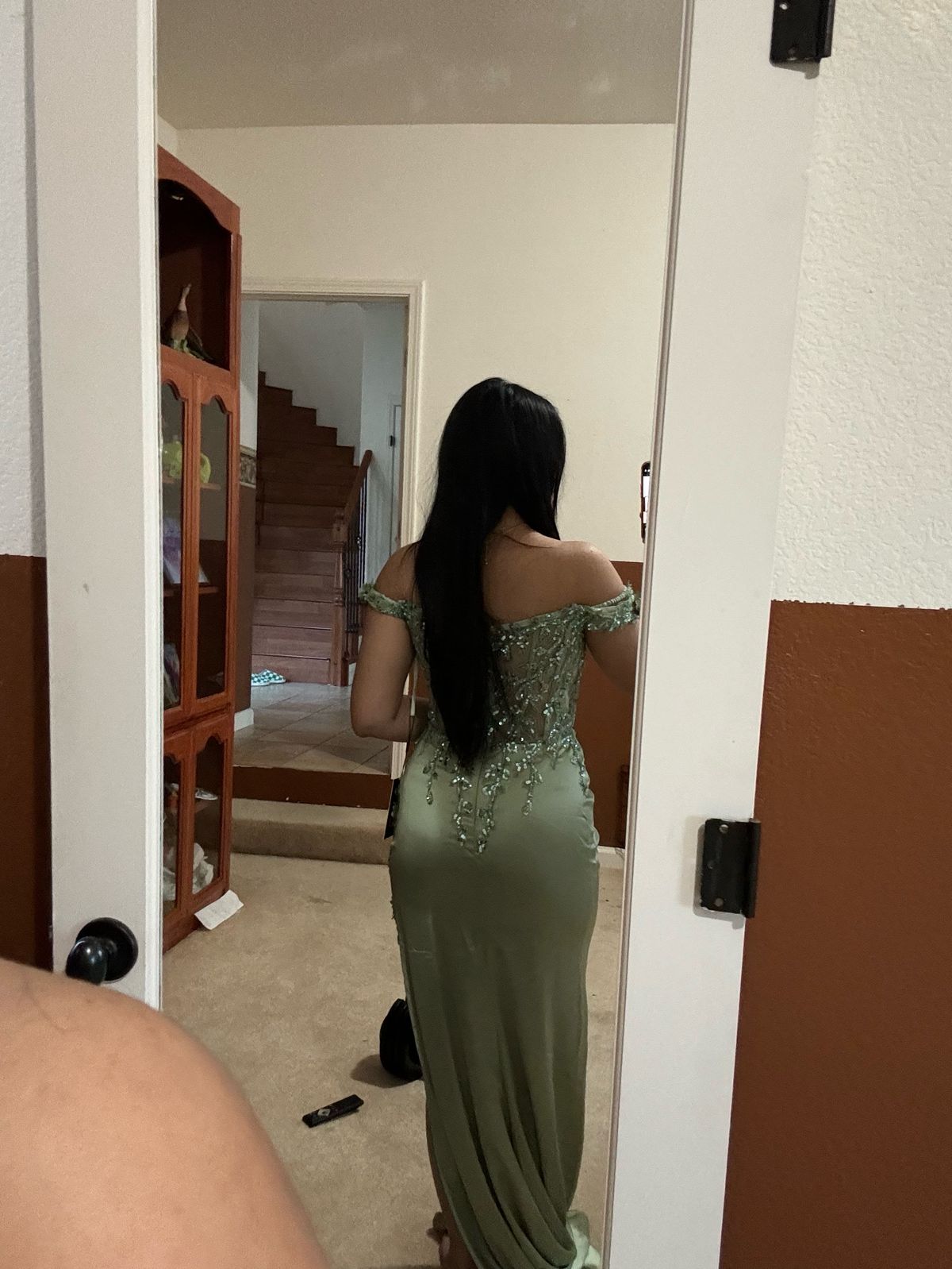 Size M Prom Off The Shoulder Sheer Green Side Slit Dress on Queenly