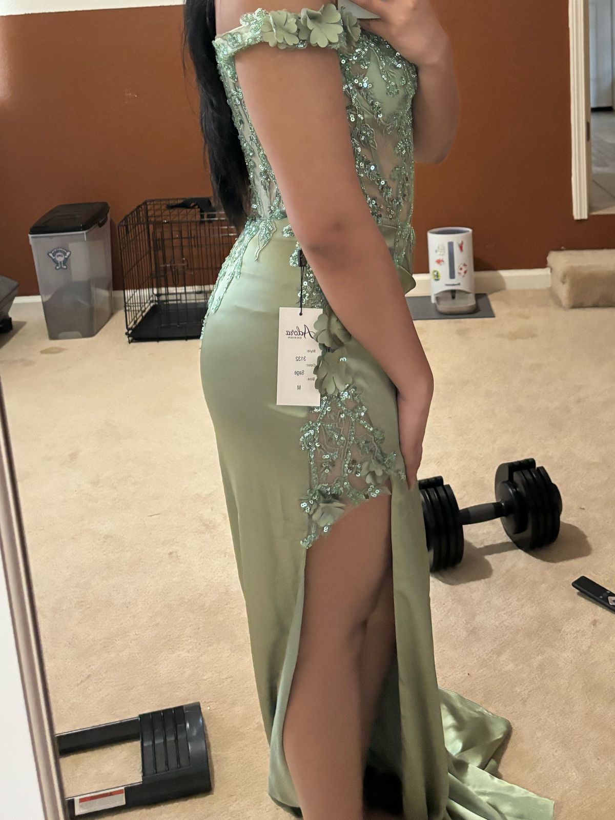 Size M Prom Off The Shoulder Sheer Green Side Slit Dress on Queenly