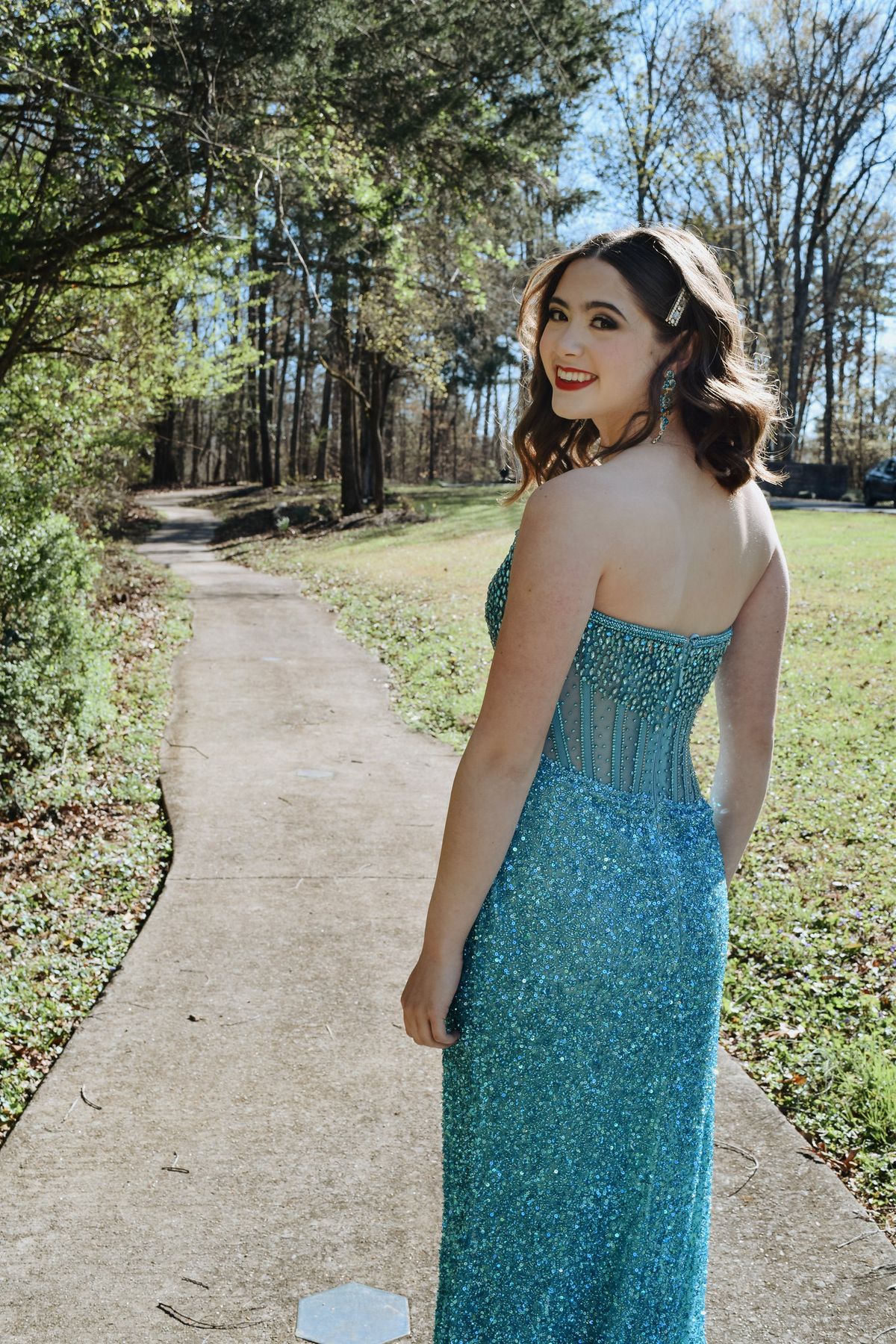 Style 11238 Ashley Lauren Size 6 Prom Strapless Sequined Blue Side Slit Dress on Queenly