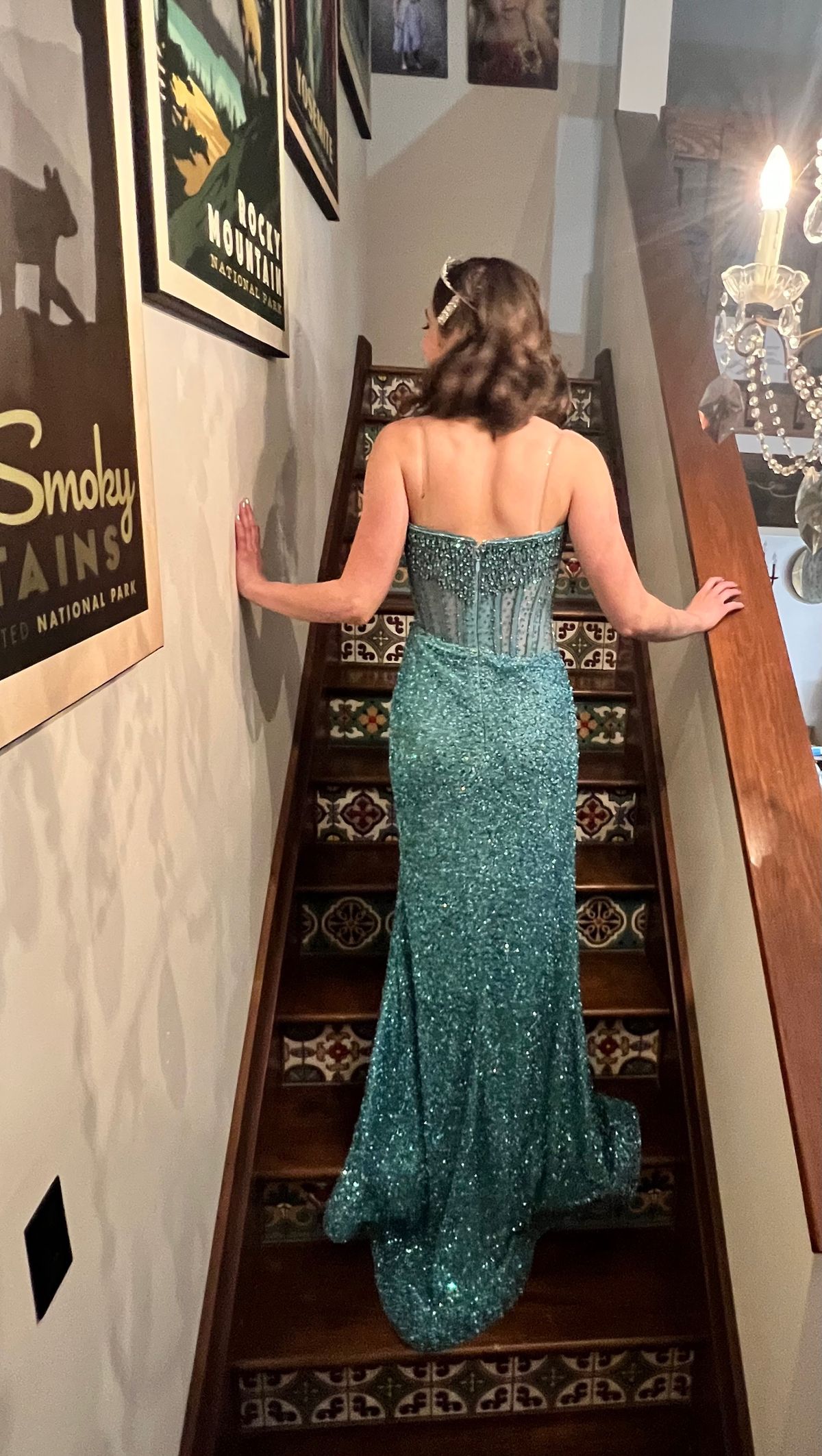 Style 11238 Ashley Lauren Size 6 Prom Strapless Sequined Blue Side Slit Dress on Queenly