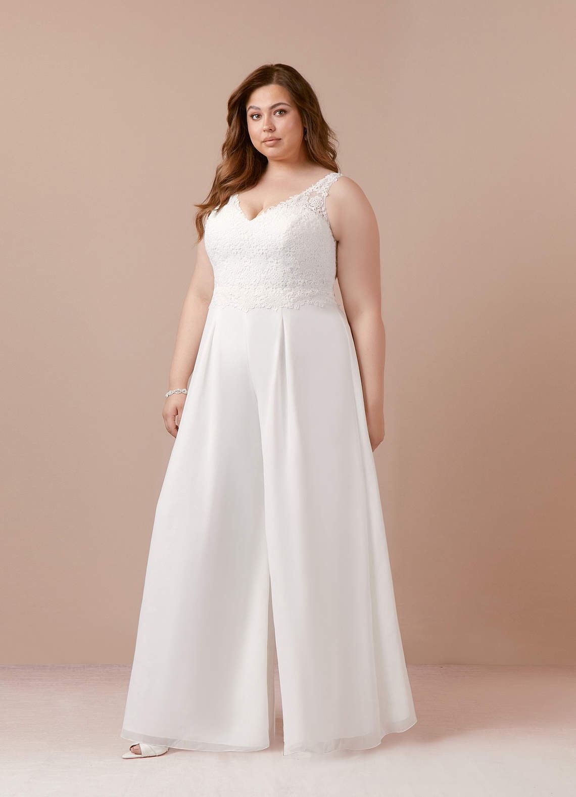Azazie Plus Size 28 Plunge Lace White Formal Jumpsuit on Queenly