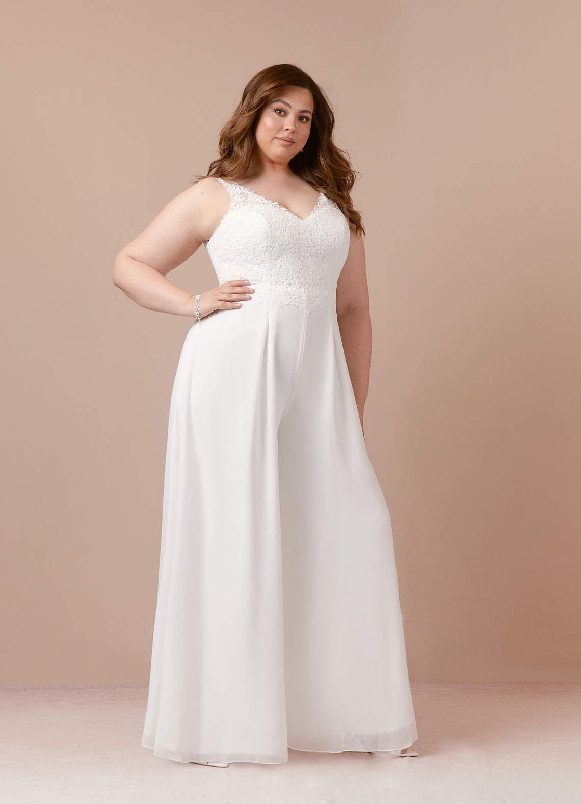 Azazie Plus Size 28 Plunge Lace White Formal Jumpsuit on Queenly
