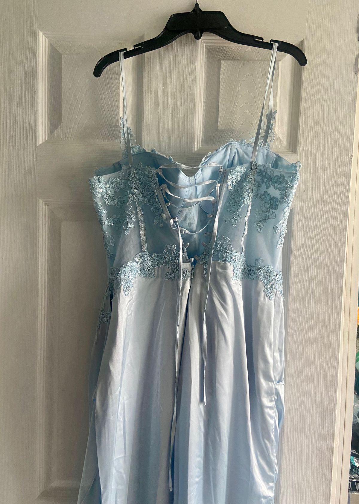 Style CD868 Cinderella Divine Size 14 Prom Plunge Sheer Light Blue Side Slit Dress on Queenly