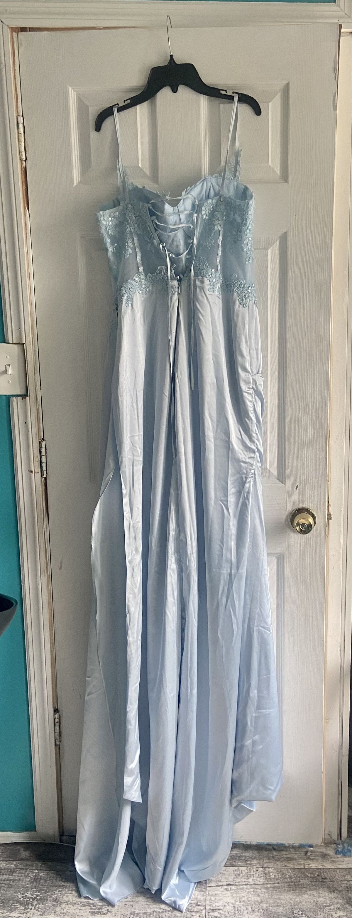 Style CD868 Cinderella Divine Size 14 Prom Plunge Sheer Light Blue Side Slit Dress on Queenly