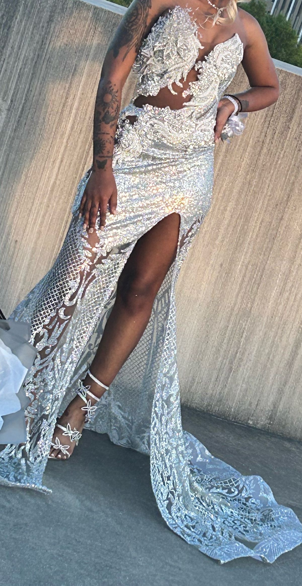 Size S Prom Strapless Sheer Silver Mermaid Dress on Queenly