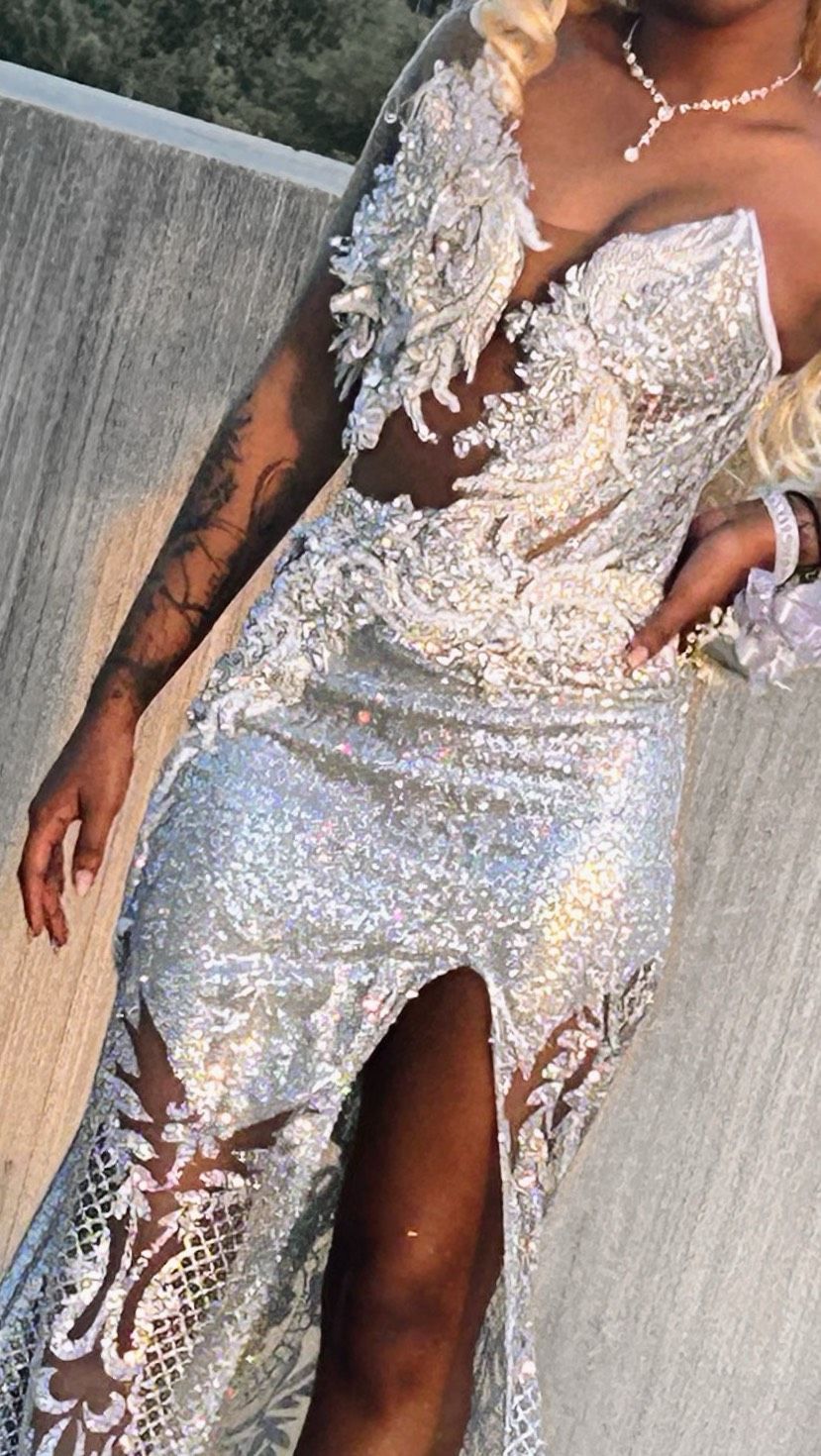 Size S Prom Strapless Sheer Silver Mermaid Dress on Queenly