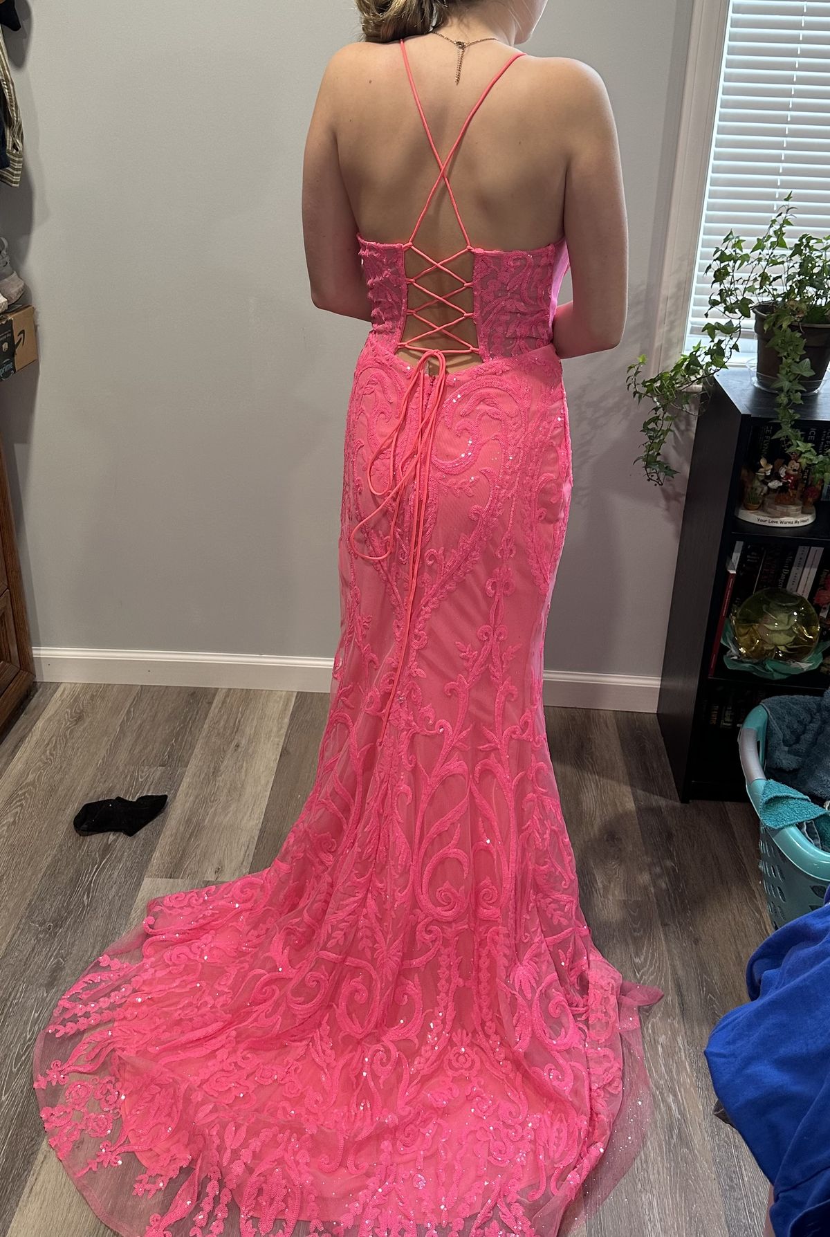 Size 4 Prom Plunge Sheer Hot Pink Mermaid Dress on Queenly