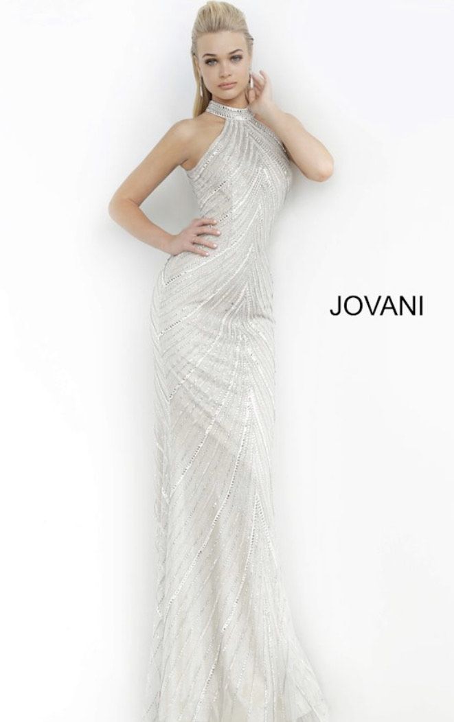 Style 3833 Jovani Size 0 Prom Halter Silver A-line Dress on Queenly