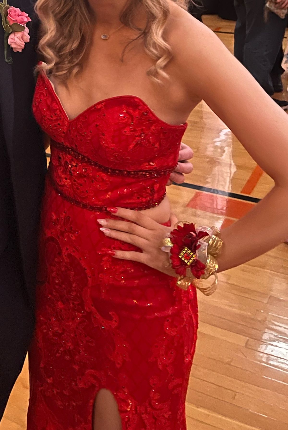 Rachel Allan Size 2 Prom Strapless Red Side Slit Dress on Queenly