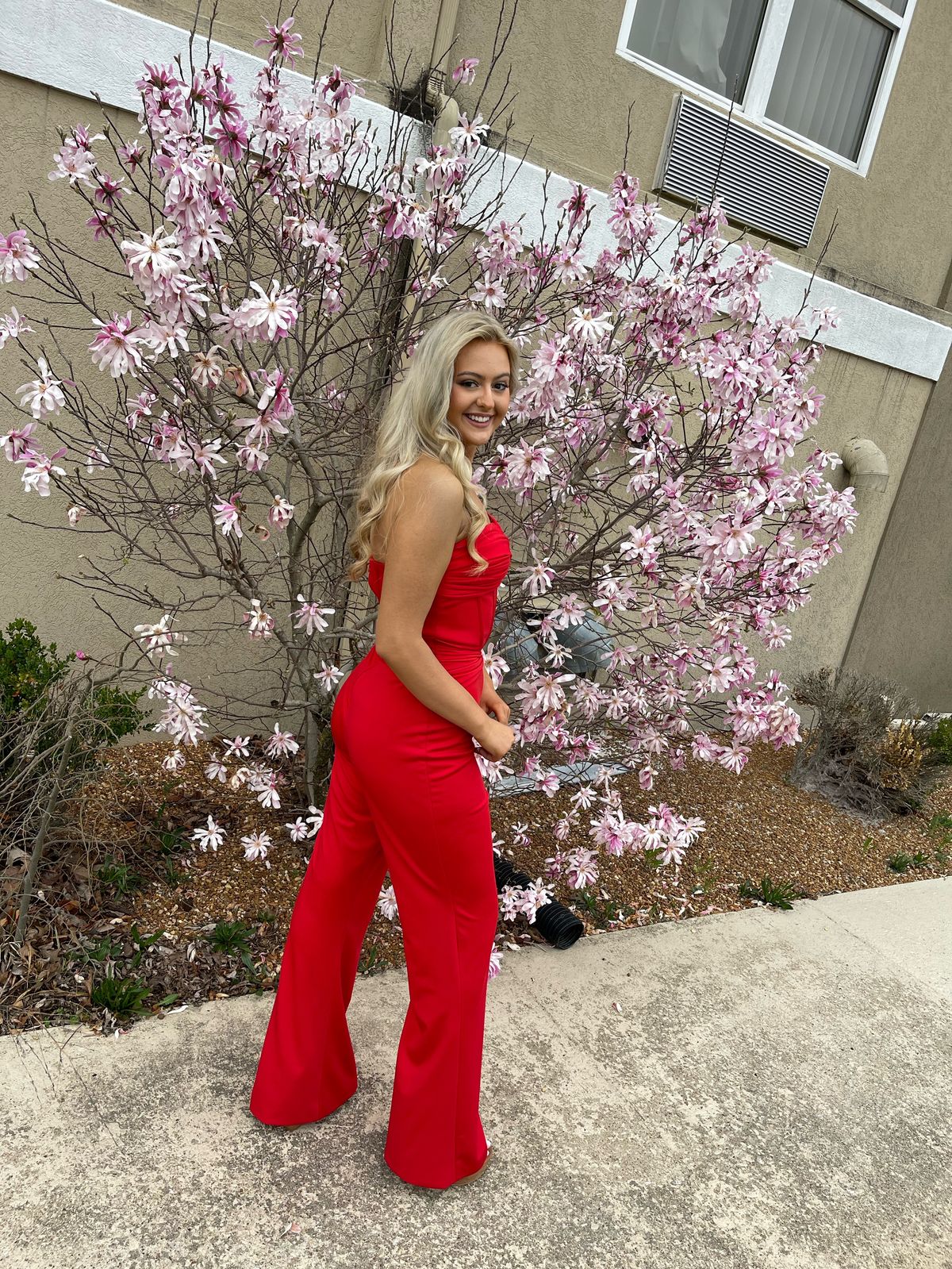 Size 6 Strapless Red Formal Jumpsuit on Queenly