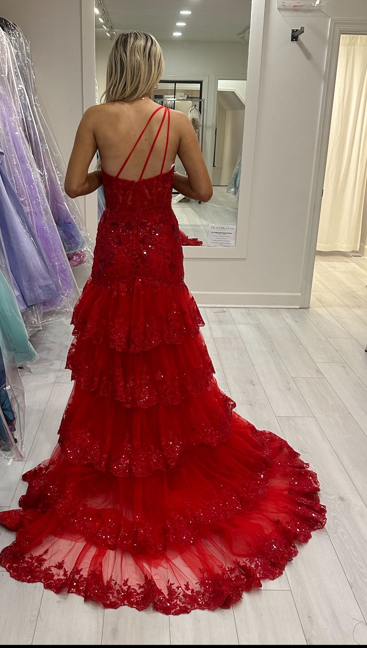 Style 55800 Sherri Hill Size 4 Prom One Shoulder Red Ball Gown on Queenly