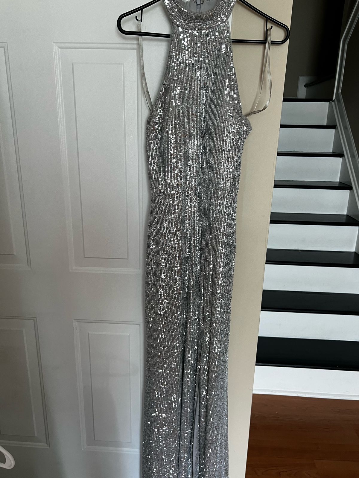 Gianni Bini Size M Pageant High Neck Silver Side Slit Dress on Queenly