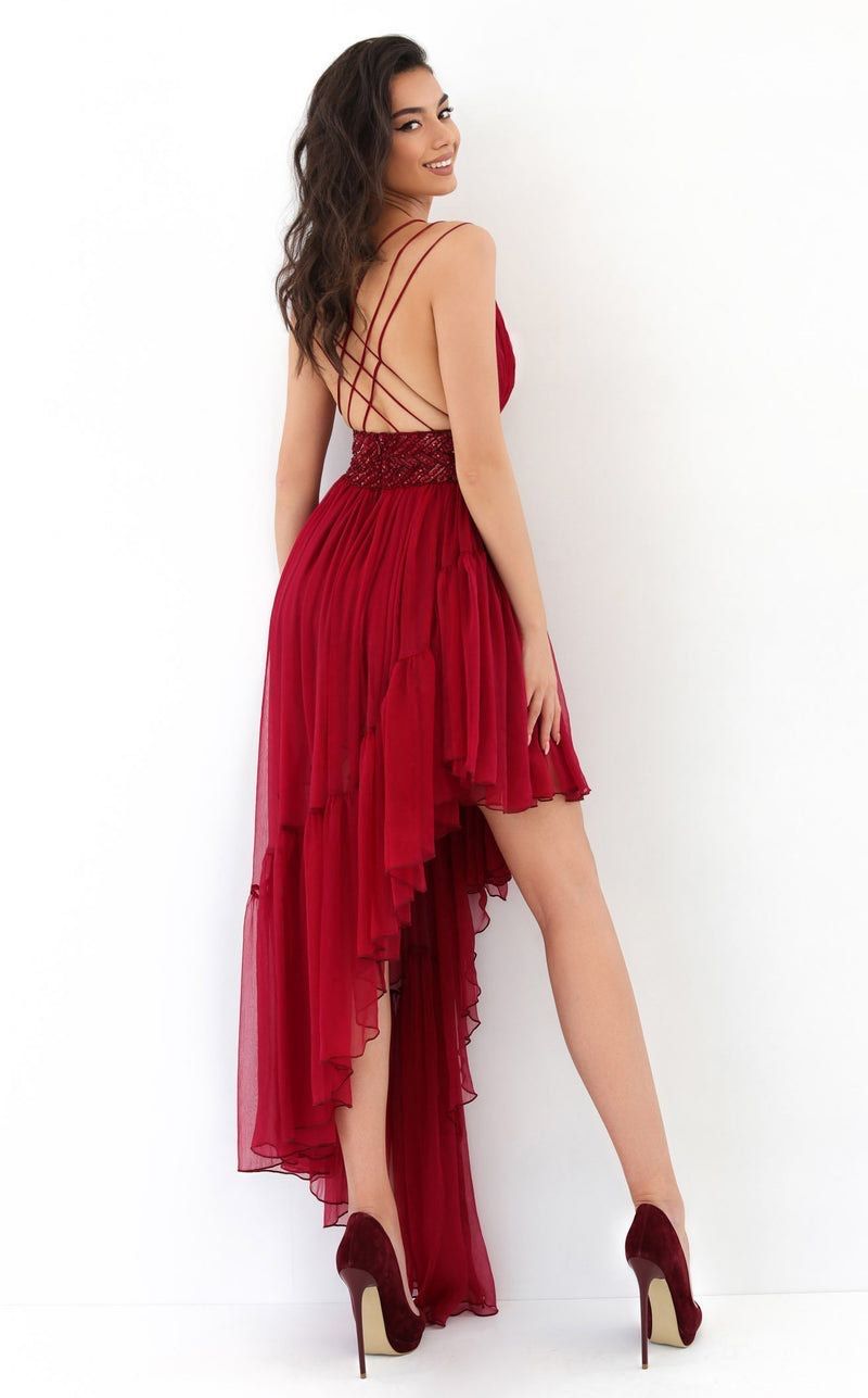 Style 93846 Tarik Ediz Size 8 Prom Plunge Red Cocktail Dress on Queenly