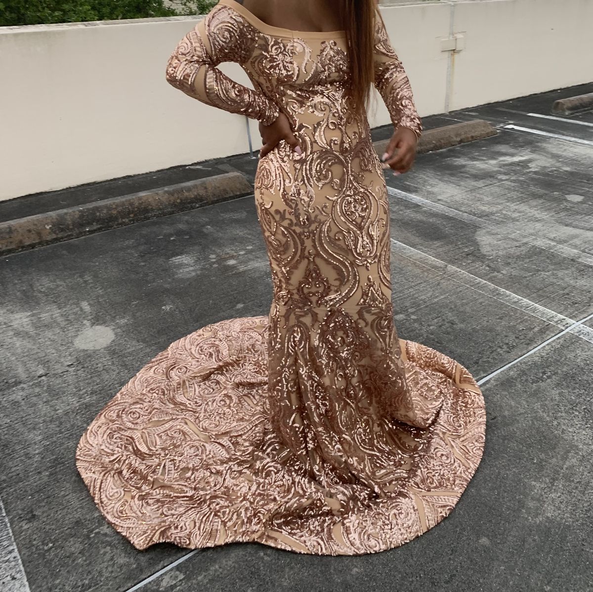 Size 4 Prom Long Sleeve Rose Gold Mermaid Dress on Queenly