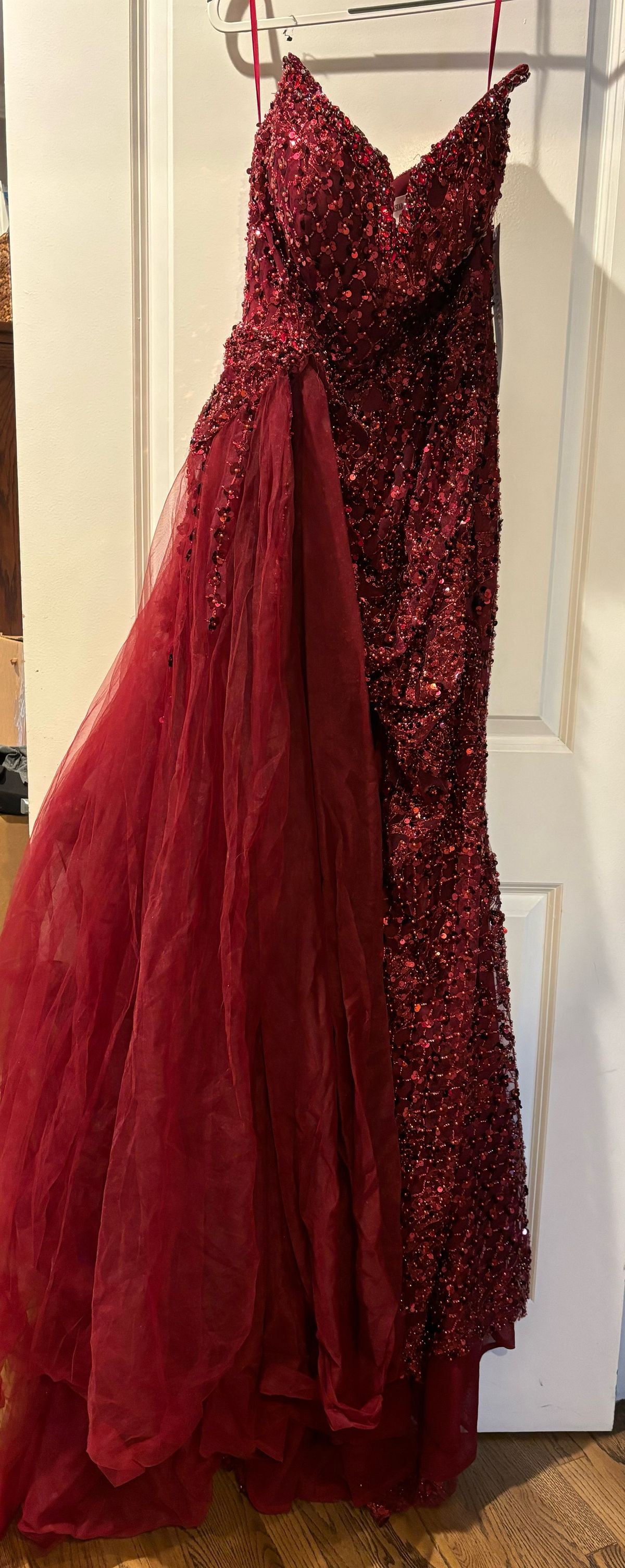 Style PS22266 Portia and Scarlett Size 8 Prom Strapless Sequined Burgundy Red Side Slit Dress on Queenly