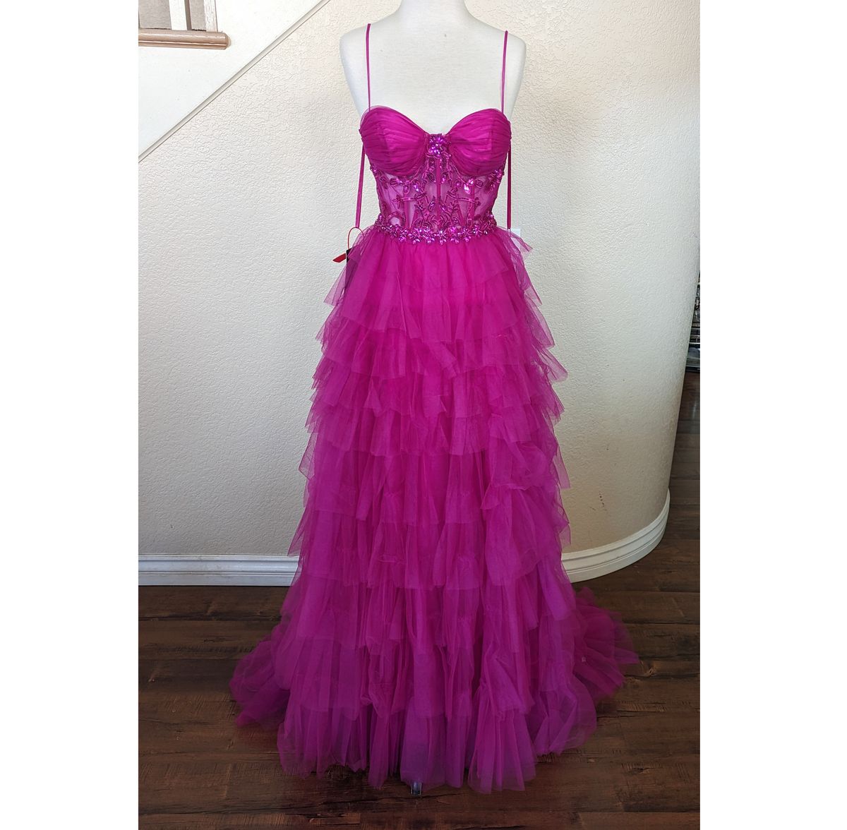 Style Fuchsia Sequin Corset Tulle Prom Ball Gown Dress Size 0 Prom Plunge Lace Pink Ball Gown on Queenly