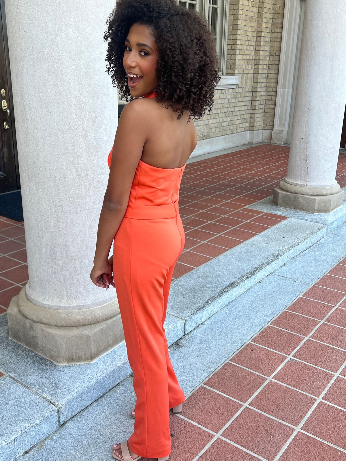 Size XS Homecoming Halter Orange Formal Jumpsuit on Queenly