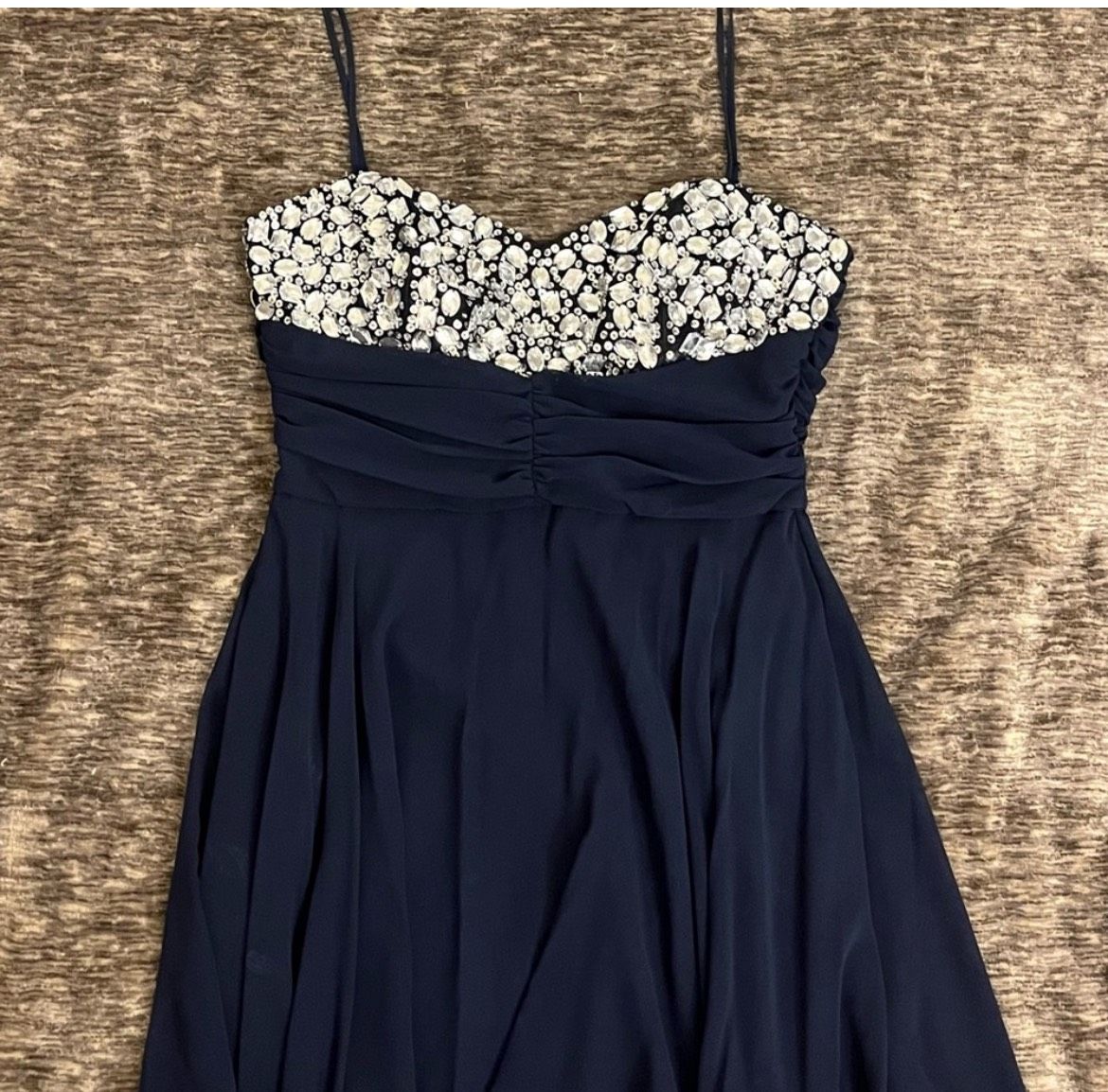 B. Darlin Size 12 Prom Plunge Sequined Navy Multicolor Cocktail Dress on Queenly