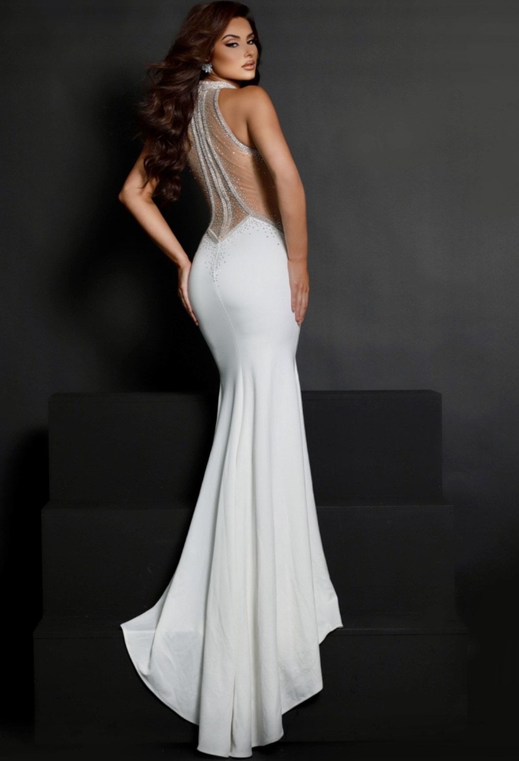Style 2603 Johnathan Kayne Size 10 Wedding High Neck Sequined White Mermaid Dress on Queenly