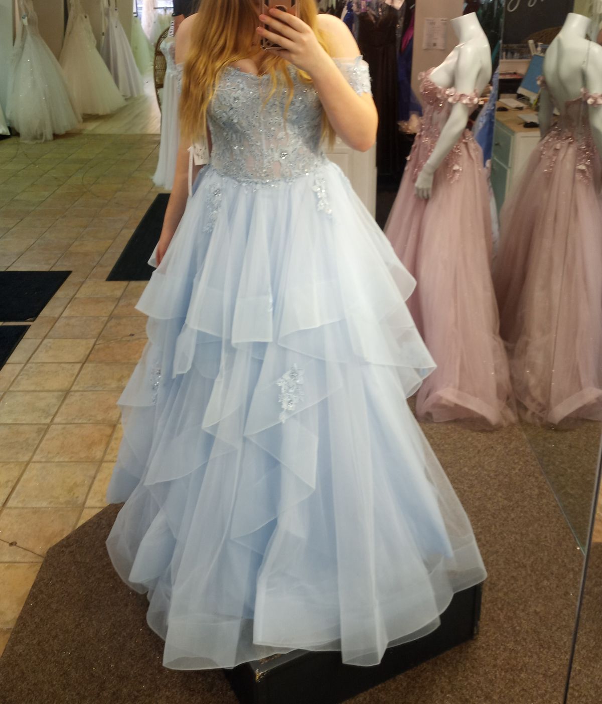 Size 12 Prom Lace Light Blue Ball Gown on Queenly