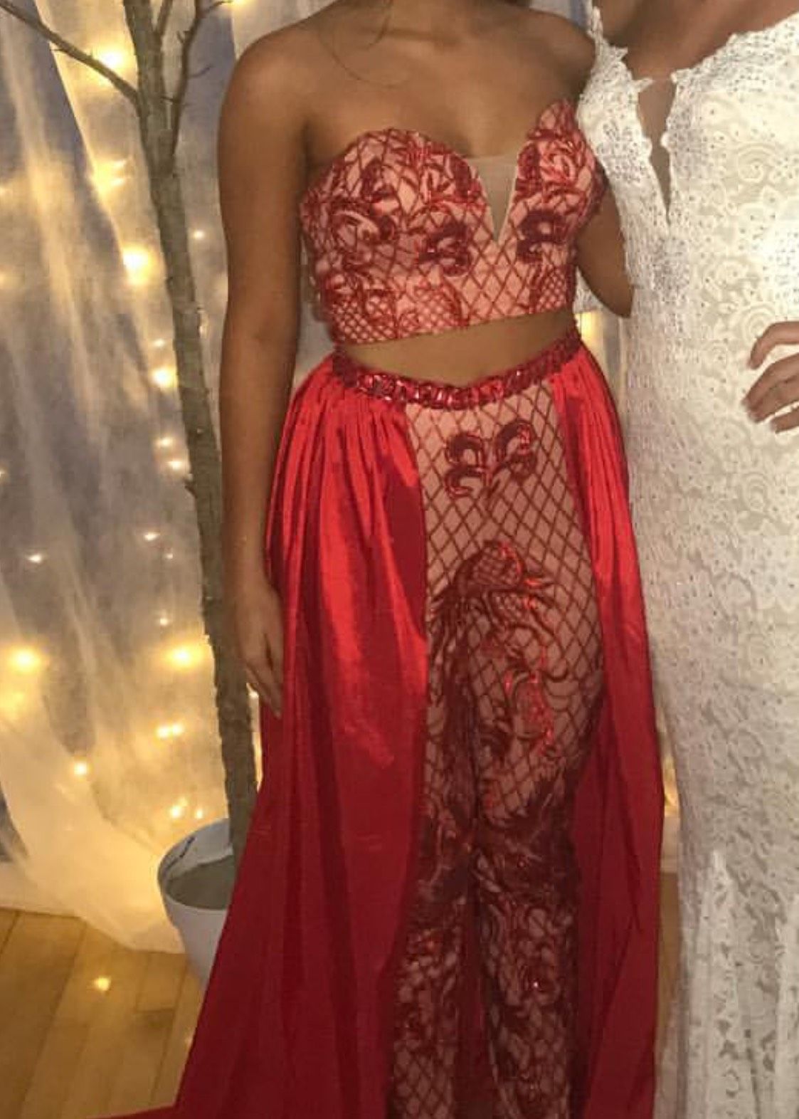Size 4 Prom Strapless Sequined Red Formal Jumpsuit on Queenly